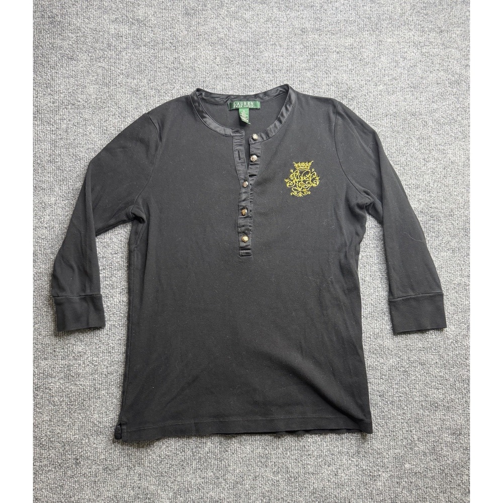 Lauren Ralph Lauren Crest Henley Top Women‎ Black Gold Embroidered Monogram M
